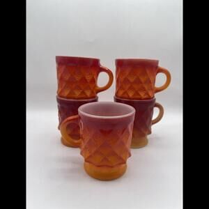 VTG Anchor Hocking Orange Fire King Kimberly Mugs Diamond Pattern Set Lot of 5